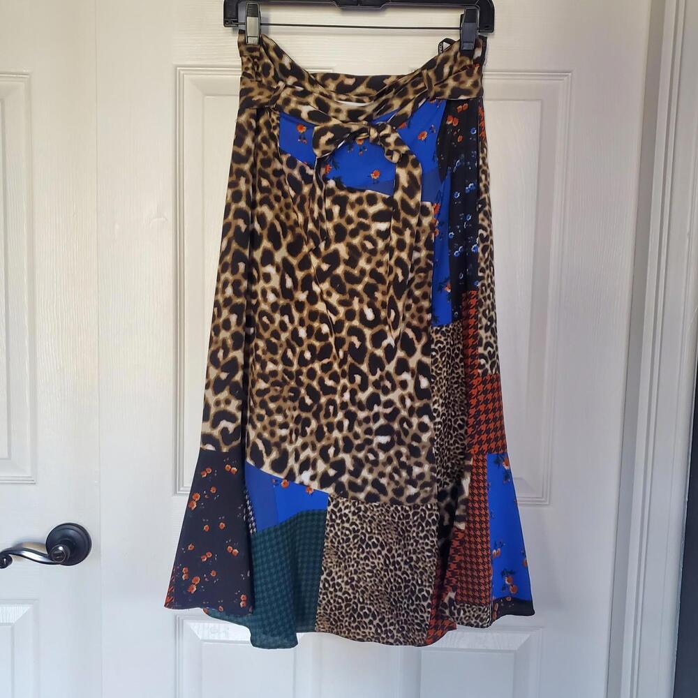 Calvin  Klein Patchwork-Print Flare-Hem Midi Skirt Leopard Belted Size 10 Wrap